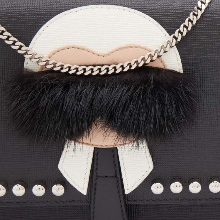 Pre Owned Fendi Black Leather Studded Karlito Wallet on Chain