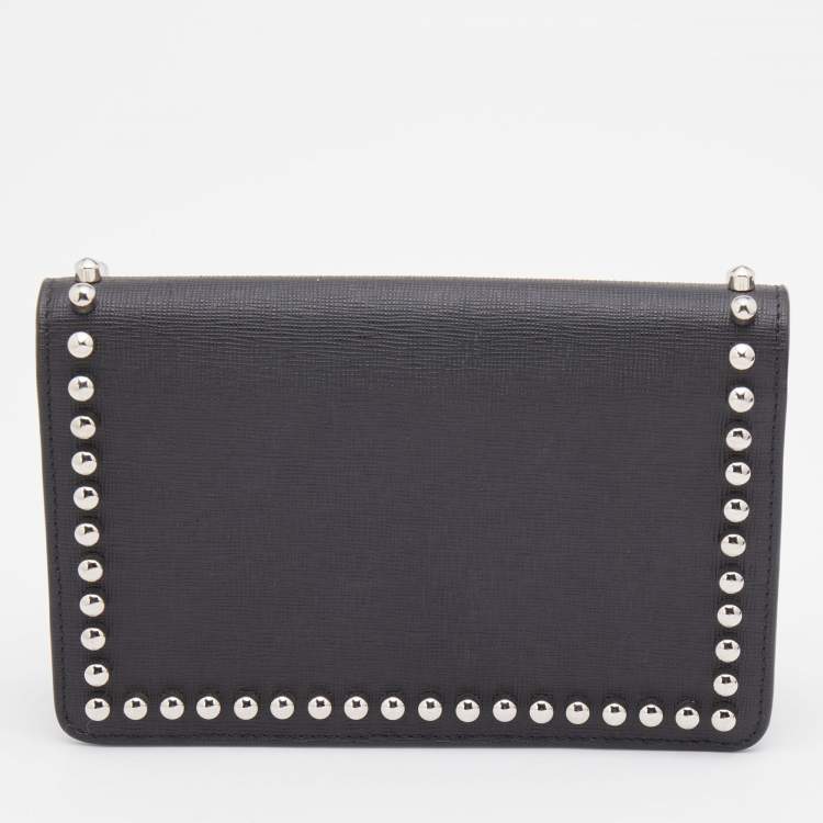 Pre Owned Fendi Black Leather Studded Karlito Wallet on Chain