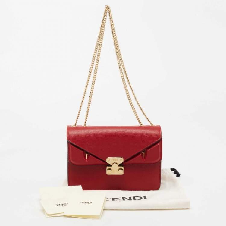 Pre Owned Fendi Red Leather Monster Eyes Chain Bag