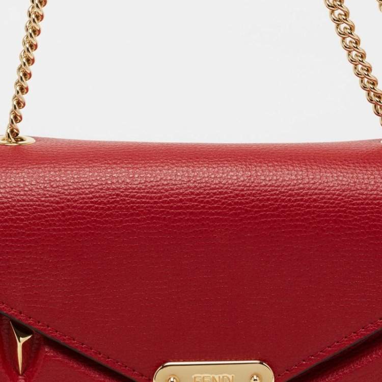 Pre Owned Fendi Red Leather Monster Eyes Chain Bag