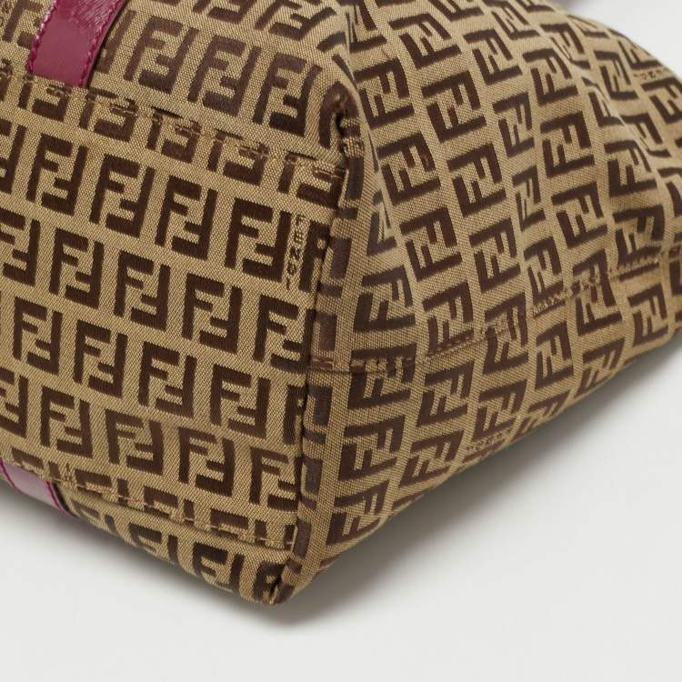 Pre Owned Fendi Tobacco/Magenta Zucchino Canvas and Patent Leather Shopper Tote