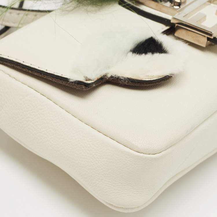 Pre Owned Fendi Off White Leather and Fur Micro Monster Baguette Bag