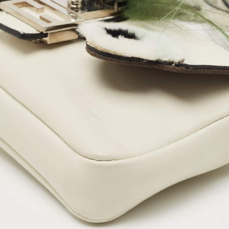 Pre Owned Fendi Off White Leather and Fur Micro Monster Baguette Bag