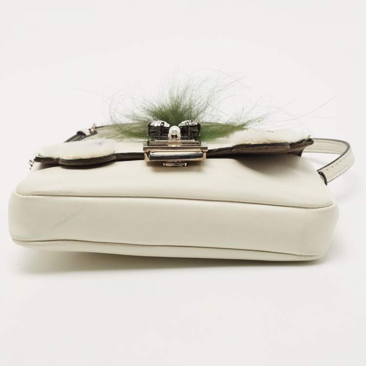 Pre Owned Fendi Off White Leather and Fur Micro Monster Baguette Bag