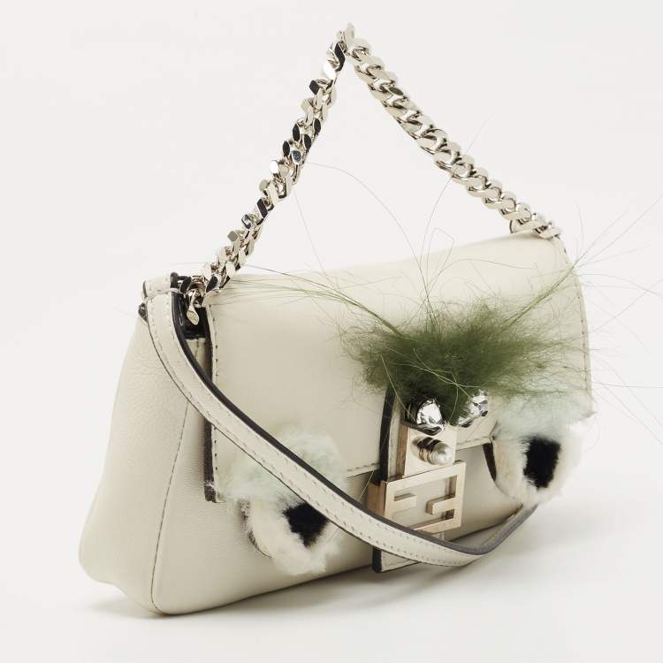 Pre Owned Fendi Off White Leather and Fur Micro Monster Baguette Bag