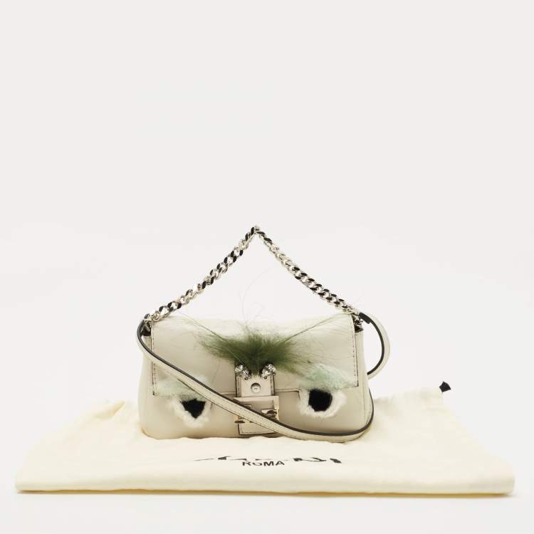 Pre Owned Fendi Off White Leather and Fur Micro Monster Baguette Bag