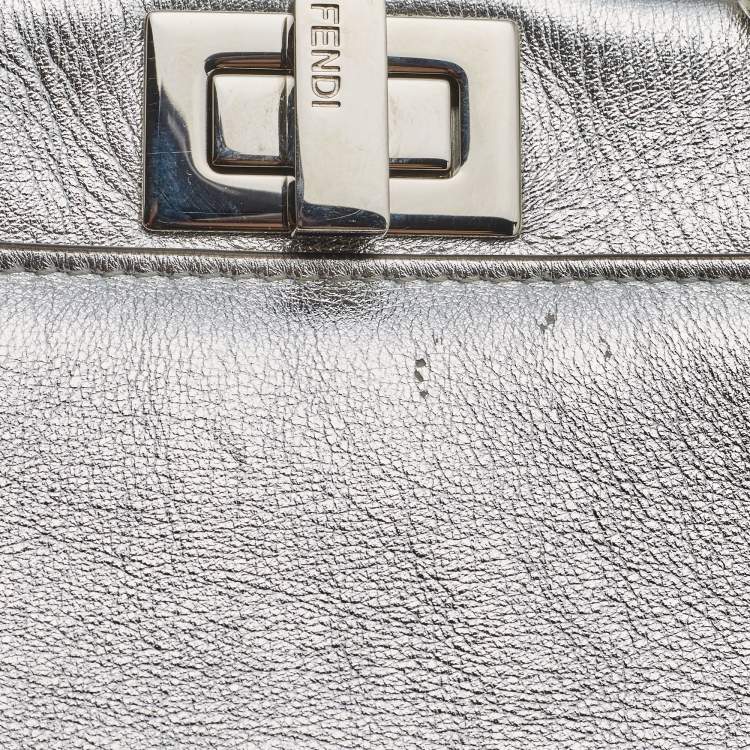 Pre Owned Fendi Silver Leather Mini Peekaboo Top Handle Bag