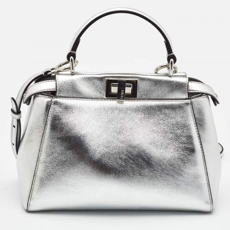 Pre Owned Fendi Silver Leather Mini Peekaboo Top Handle Bag
