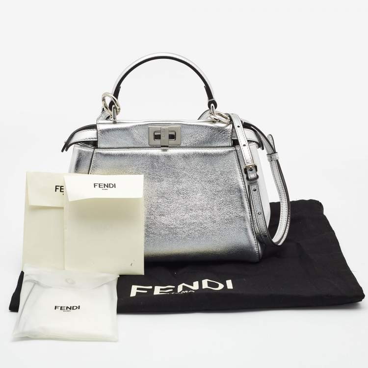 Pre Owned Fendi Silver Leather Mini Peekaboo Top Handle Bag
