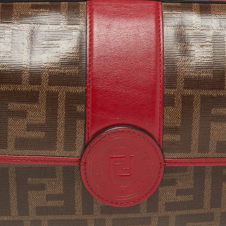 Pre Owned Fendi Tobacco/Red Zucca Coated Canvas and Leather Double F Top Handle Bag