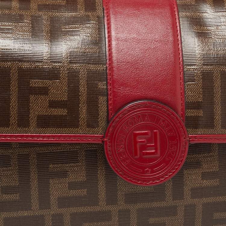 Pre Owned Fendi Tobacco/Red Zucca Coated Canvas and Leather Double F Top Handle Bag