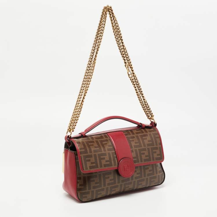 Pre Owned Fendi Tobacco/Red Zucca Coated Canvas and Leather Double F Top Handle Bag