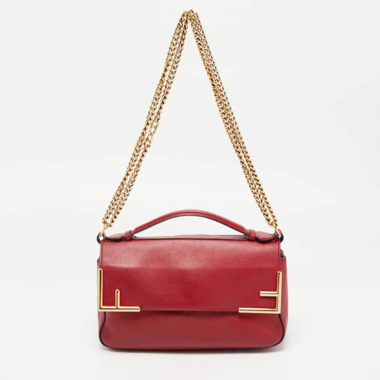 Pre Owned Fendi Tobacco/Red Zucca Coated Canvas and Leather Double F Top Handle Bag
