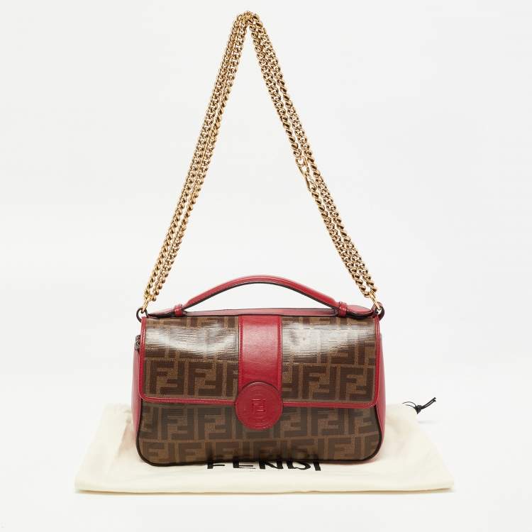 Pre Owned Fendi Tobacco/Red Zucca Coated Canvas and Leather Double F Top Handle Bag