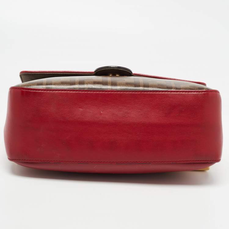 Pre Owned Fendi Tobacco/Red Zucca Coated Canvas and Leather Double F Top Handle Bag