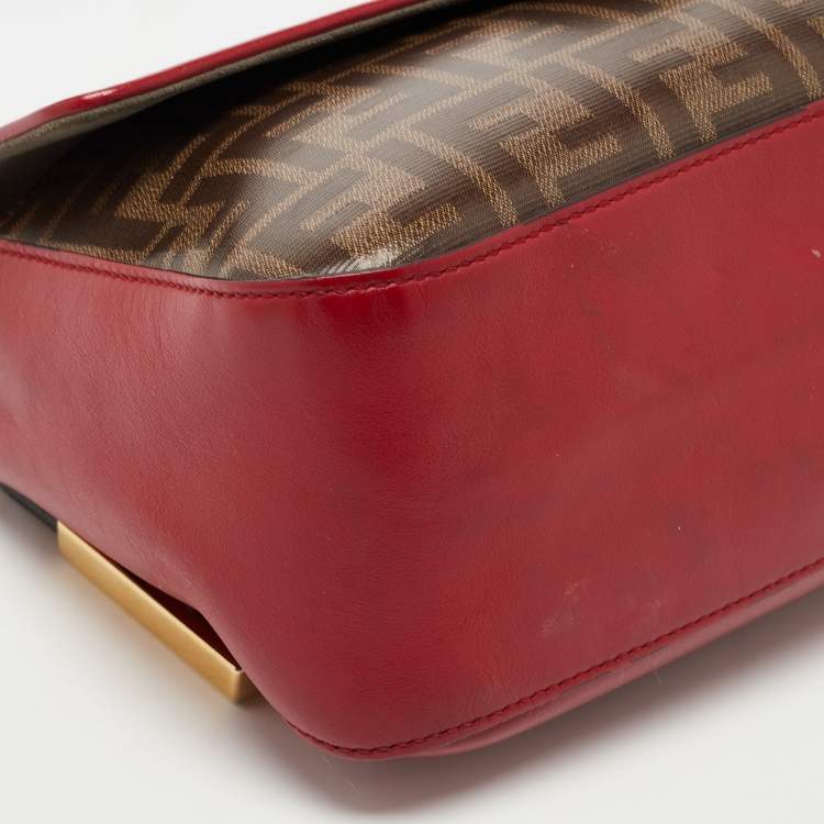 Pre Owned Fendi Tobacco/Red Zucca Coated Canvas and Leather Double F Top Handle Bag