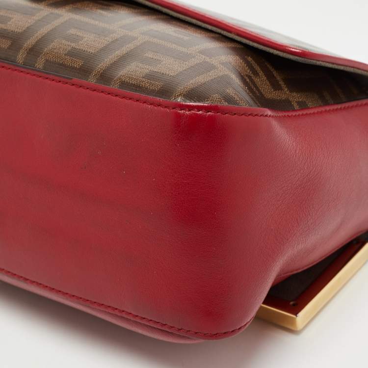 Pre Owned Fendi Tobacco/Red Zucca Coated Canvas and Leather Double F Top Handle Bag