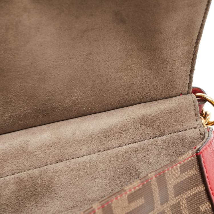 Pre Owned Fendi Tobacco/Red Zucca Coated Canvas and Leather Double F Top Handle Bag