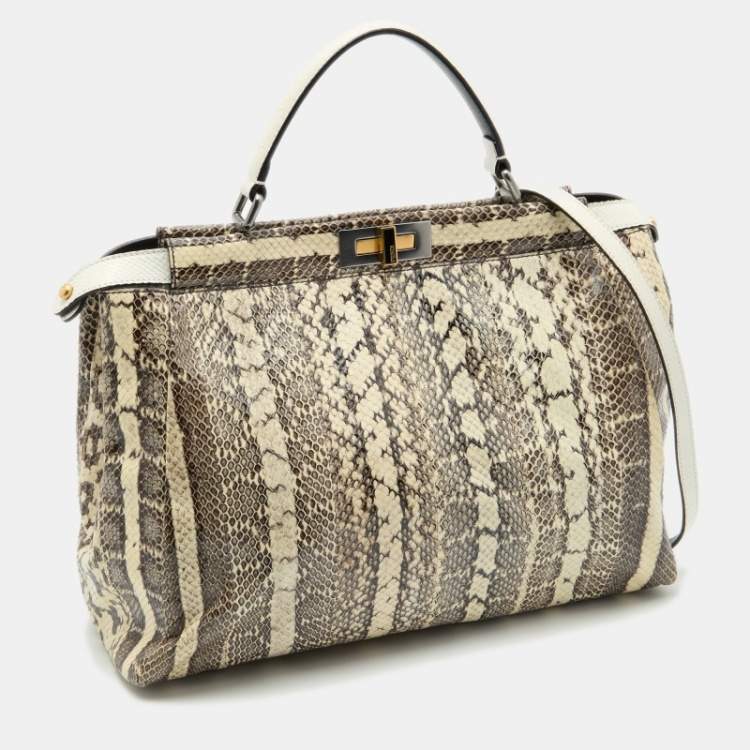 Pre Owned Fendi Beige/Black Python Leather Large Peekaboo Top Handle Bag