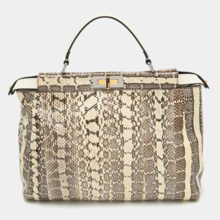 Pre Owned Fendi Beige/Black Python Leather Large Peekaboo Top Handle Bag
