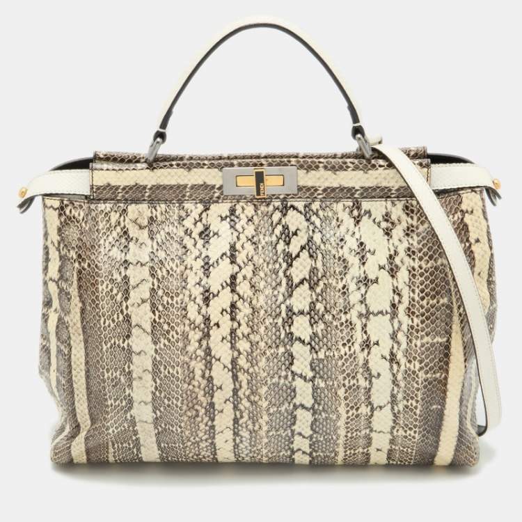 Pre Owned Fendi Beige/Black Python Leather Large Peekaboo Top Handle Bag