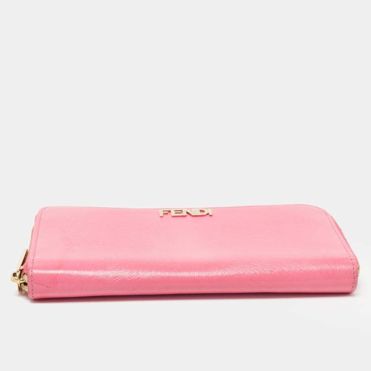 Pre Owned Fendi Pink Glossy Leather Logo Zip Around Wallet