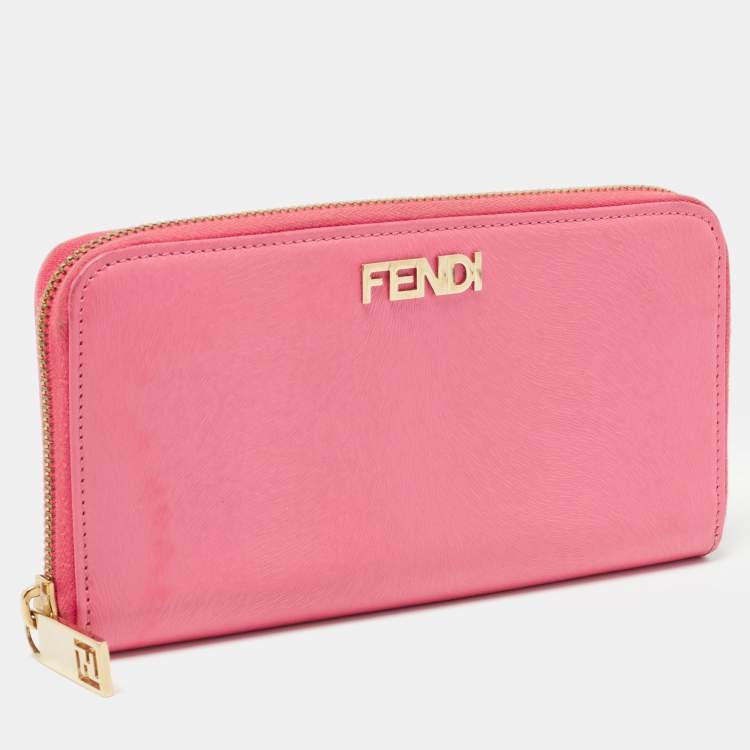 Pre Owned Fendi Pink Glossy Leather Logo Zip Around Wallet