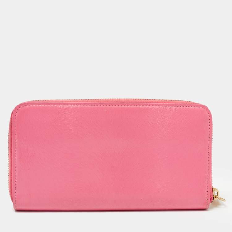 Pre Owned Fendi Pink Glossy Leather Logo Zip Around Wallet