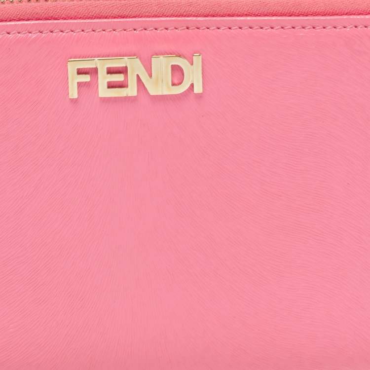 Pre Owned Fendi Pink Glossy Leather Logo Zip Around Wallet