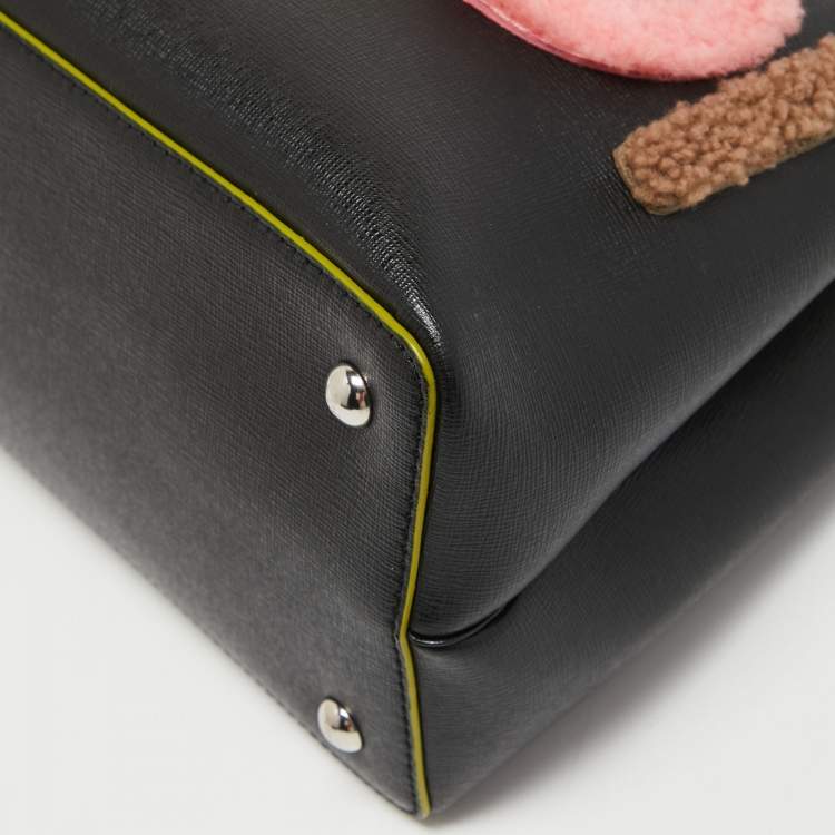 Pre Owned Fendi Black Leather and Shearling Logo Petite Sac 2jours Tote