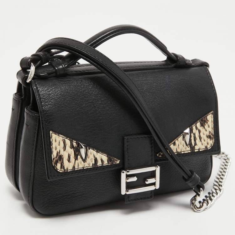 Pre Owned Fendi Black Leather and Watersnake Monster Micro Double Baguette Bag