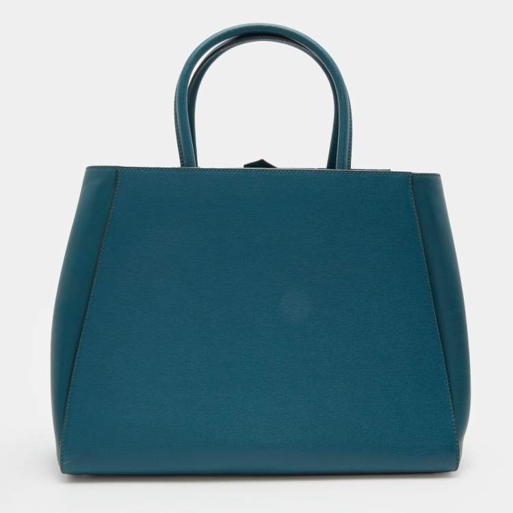 Pre Owned Fendi Teal Blue Leather Medium 2Jours Tote