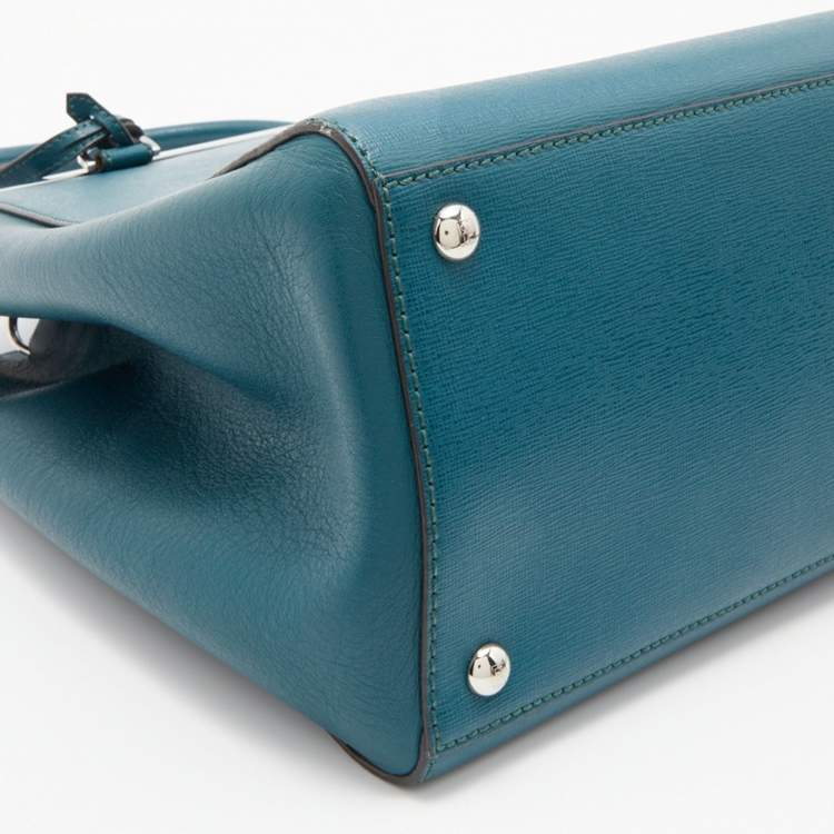 Pre Owned Fendi Teal Blue Leather Medium 2Jours Tote