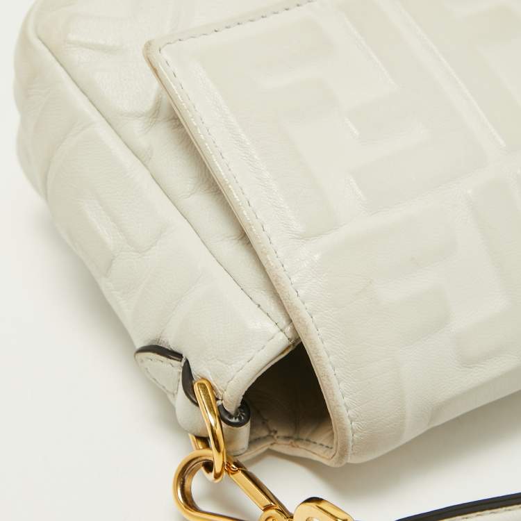 Pre Owned Fendi White Zucca Embossed Leather Medium Baguette Bag