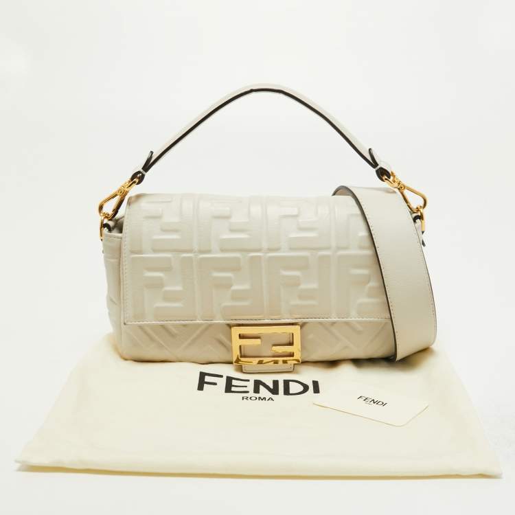 Pre Owned Fendi White Zucca Embossed Leather Medium Baguette Bag