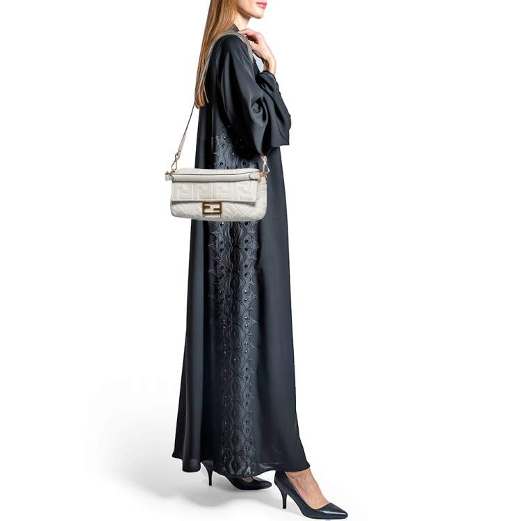 Pre Owned Fendi White Zucca Embossed Leather Medium Baguette Bag