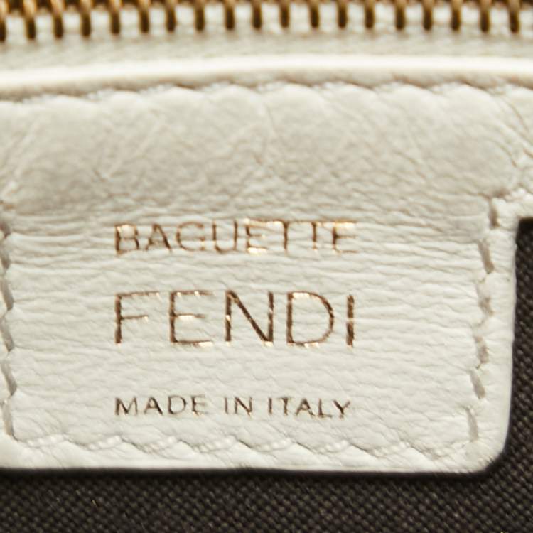 Pre Owned Fendi White Zucca Embossed Leather Medium Baguette Bag
