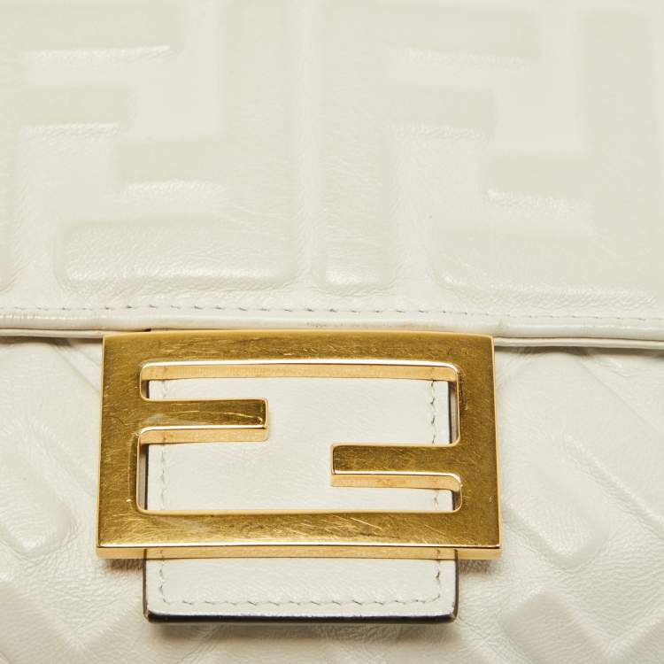 Pre Owned Fendi White Zucca Embossed Leather Medium Baguette Bag