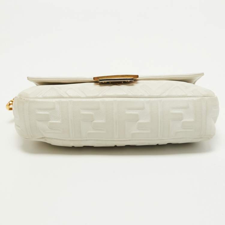 Pre Owned Fendi White Zucca Embossed Leather Medium Baguette Bag