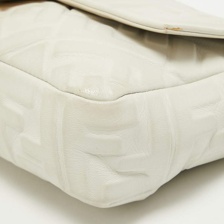 Pre Owned Fendi White Zucca Embossed Leather Medium Baguette Bag