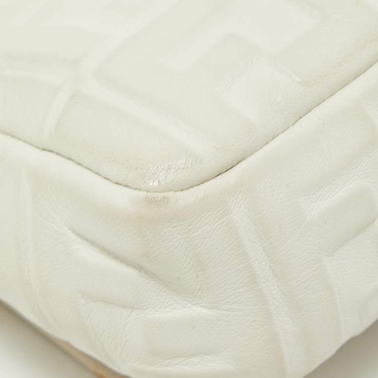 Pre Owned Fendi White Zucca Embossed Leather Medium Baguette Bag