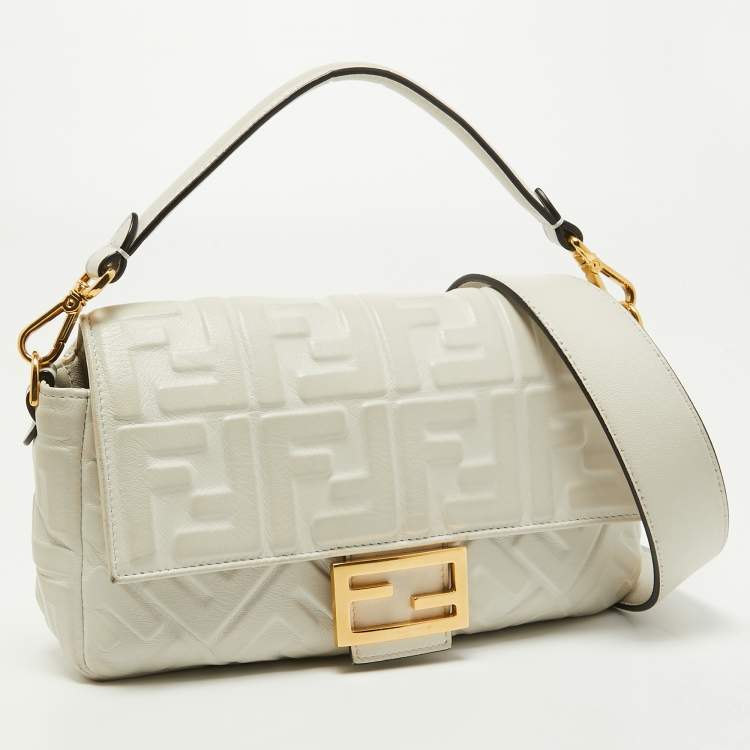 Pre Owned Fendi White Zucca Embossed Leather Medium Baguette Bag