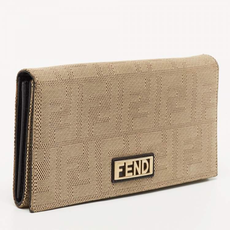 Pre Owned Fendi Beige Zucca Canvas Flap Continental Wallet