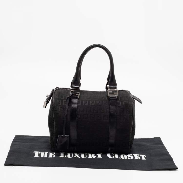 Pre Owned Fendi Black Zucchino Fabric and Leather Small Forever Bauletto Boston Bag