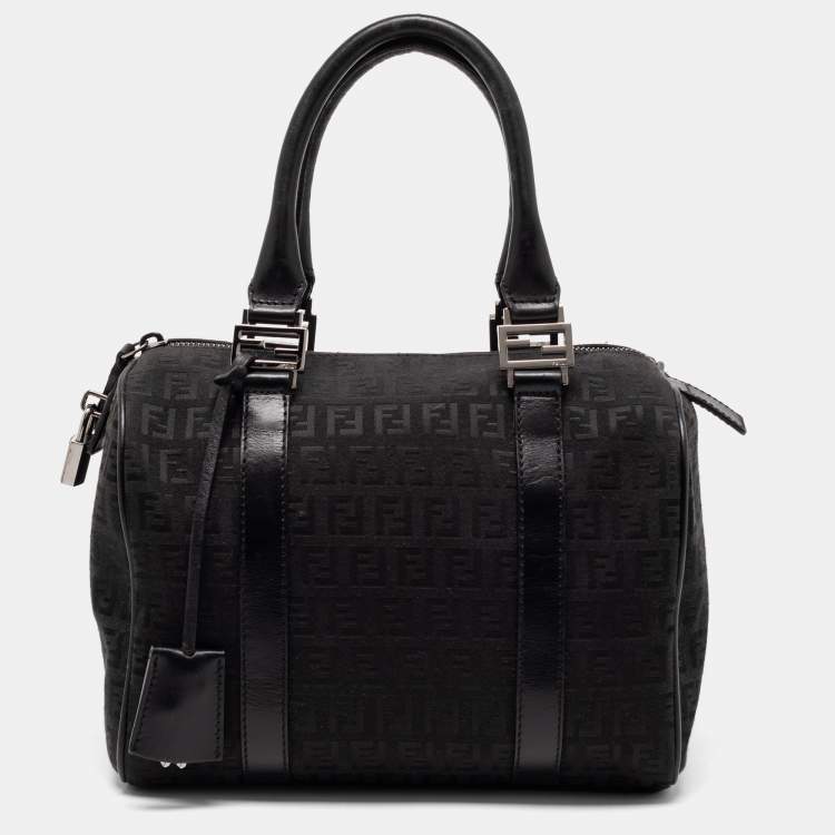 Pre Owned Fendi Black Zucchino Fabric and Leather Small Forever Bauletto Boston Bag