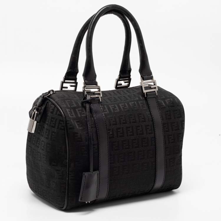 Pre Owned Fendi Black Zucchino Fabric and Leather Small Forever Bauletto Boston Bag