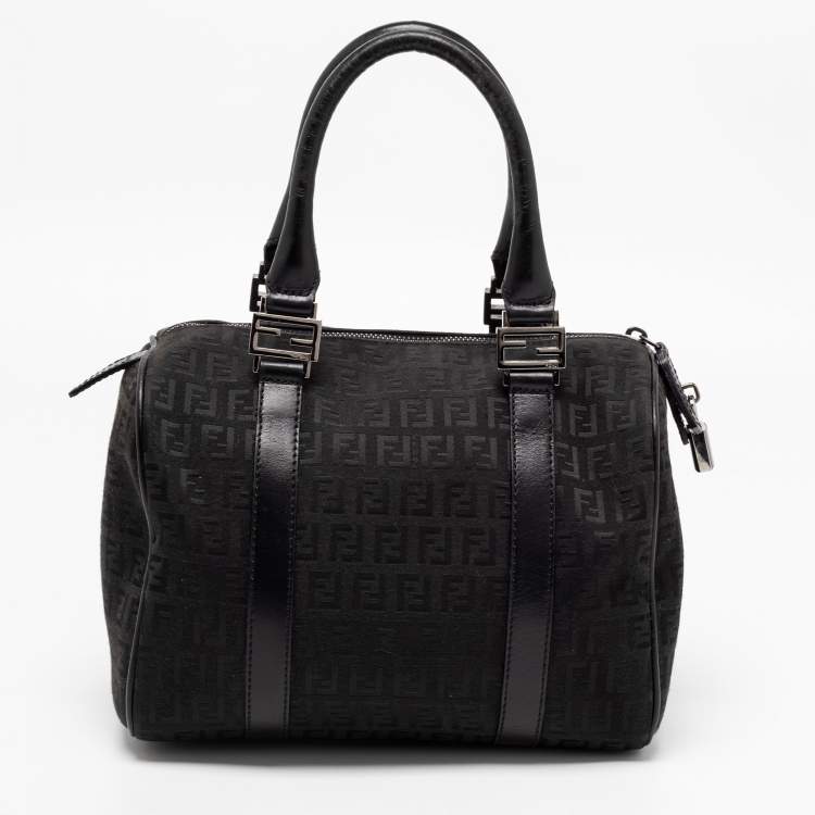 Pre Owned Fendi Black Zucchino Fabric and Leather Small Forever Bauletto Boston Bag