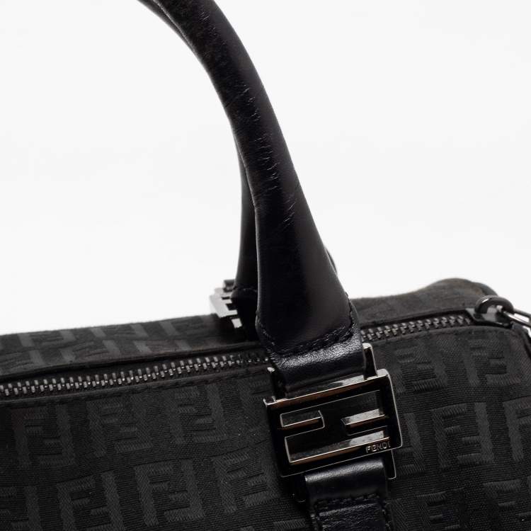 Pre Owned Fendi Black Zucchino Fabric and Leather Small Forever Bauletto Boston Bag