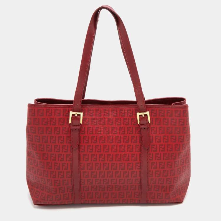 Pre Owned Fendi Red Zucchino Coated Canvas and Leather Shopper Tote