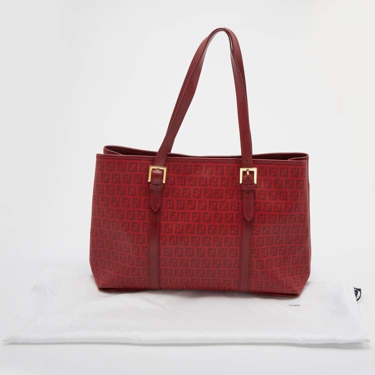Pre Owned Fendi Red Zucchino Coated Canvas and Leather Shopper Tote